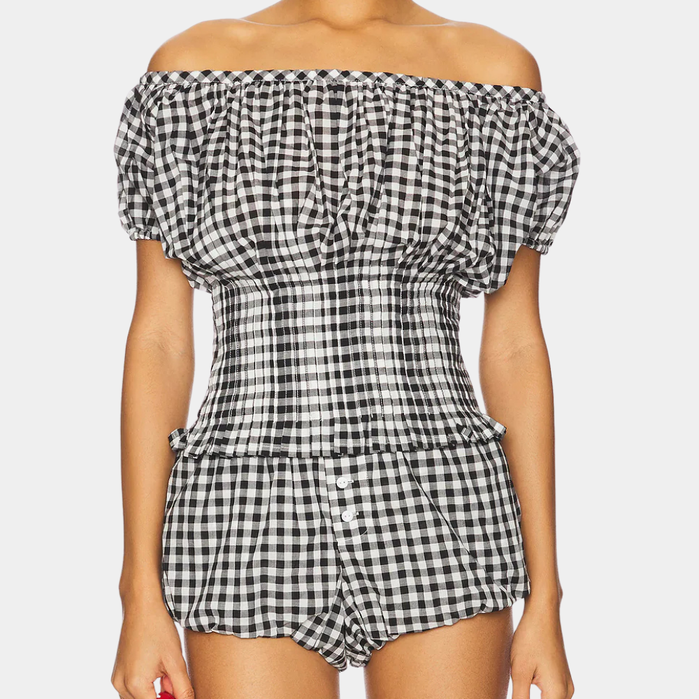 Valerine Damski Zestaw 2-częściowy – Stylowy Wzór w Kratkę z Topem Off-Shoulder i Szortami