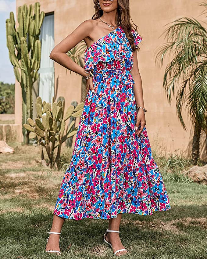 Sukienka w Stylu Boho bez Rękawów z Asymetrycznym Ramiączkiem i Wysokim Stanem | Idealna na Wiosnę i Lato