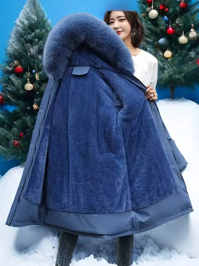 Damska kurtka zimowa plus size - polar, odpinany kaptur i sztuczne futro