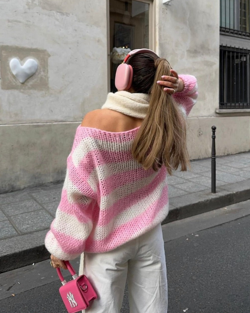 Louisa Damski Sweter Dzianinowy – Oversize Sweter w Paski z Miękkiego Materiału & Modnym Designem