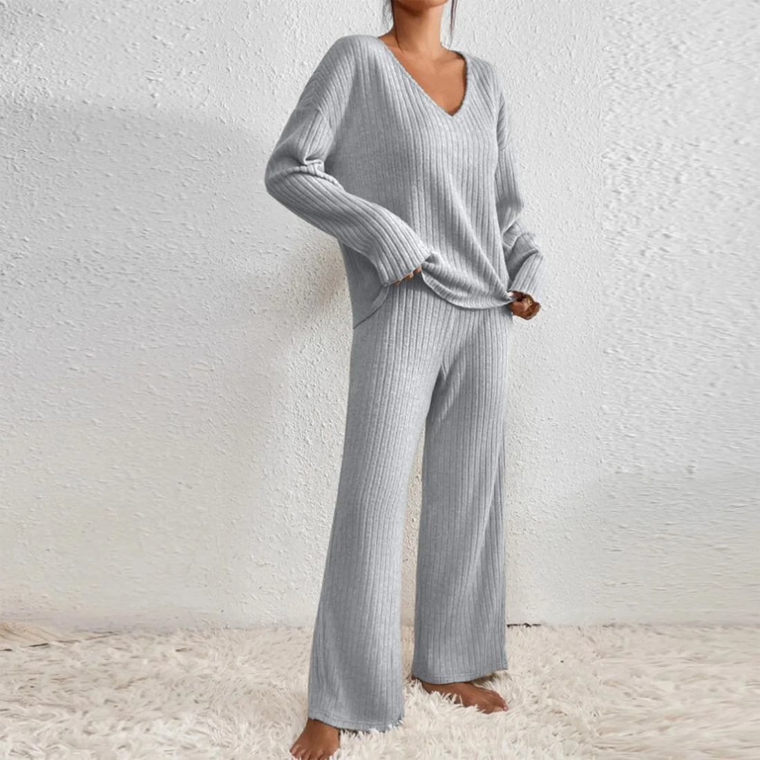 Kathy Damski Zestaw Dzianinowy – Wygodny Zestaw Lounge z Swetrem V-neck i Miękkimi Spodniami