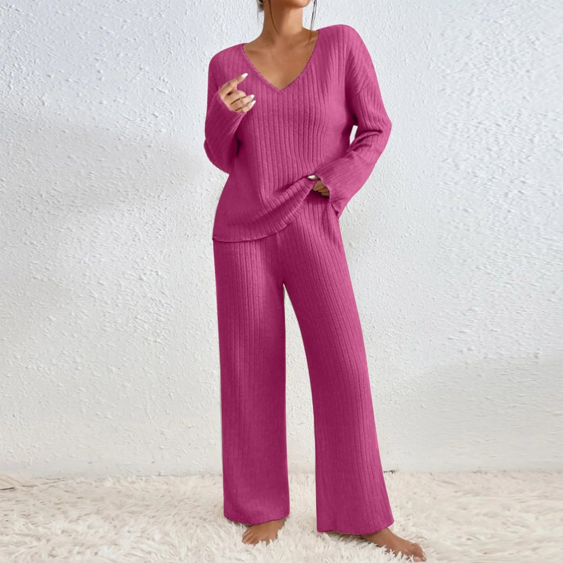 Kathy Damski Zestaw Dzianinowy – Wygodny Zestaw Lounge z Swetrem V-neck i Miękkimi Spodniami