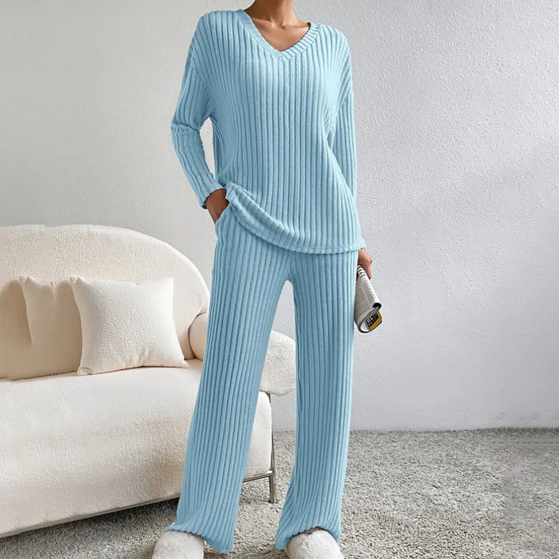 Kathy Damski Zestaw Dzianinowy – Wygodny Zestaw Lounge z Swetrem V-neck i Miękkimi Spodniami