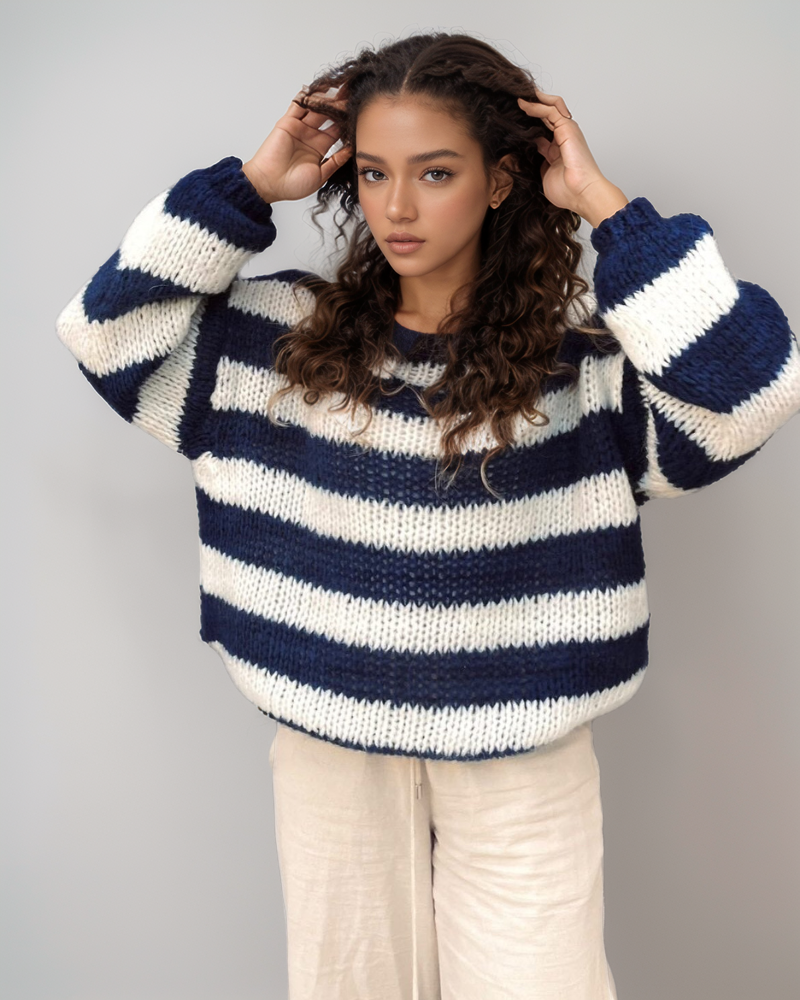 Louisa Damski Sweter Dzianinowy – Oversize Sweter w Paski z Miękkiego Materiału & Modnym Designem