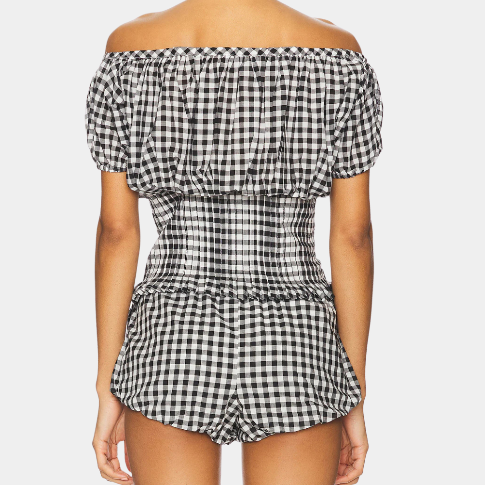 Valerine Damski Zestaw 2-częściowy – Stylowy Wzór w Kratkę z Topem Off-Shoulder i Szortami