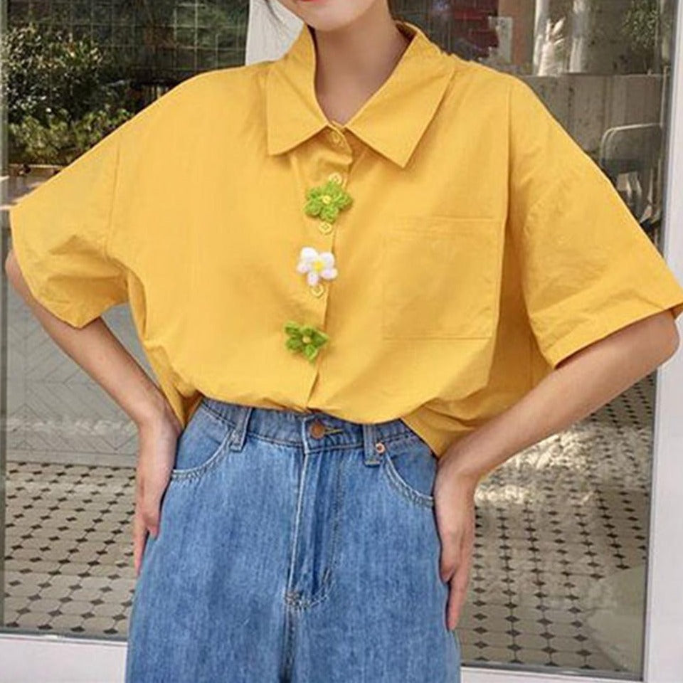 Luźny T-shirt Polo Z Kwiatami