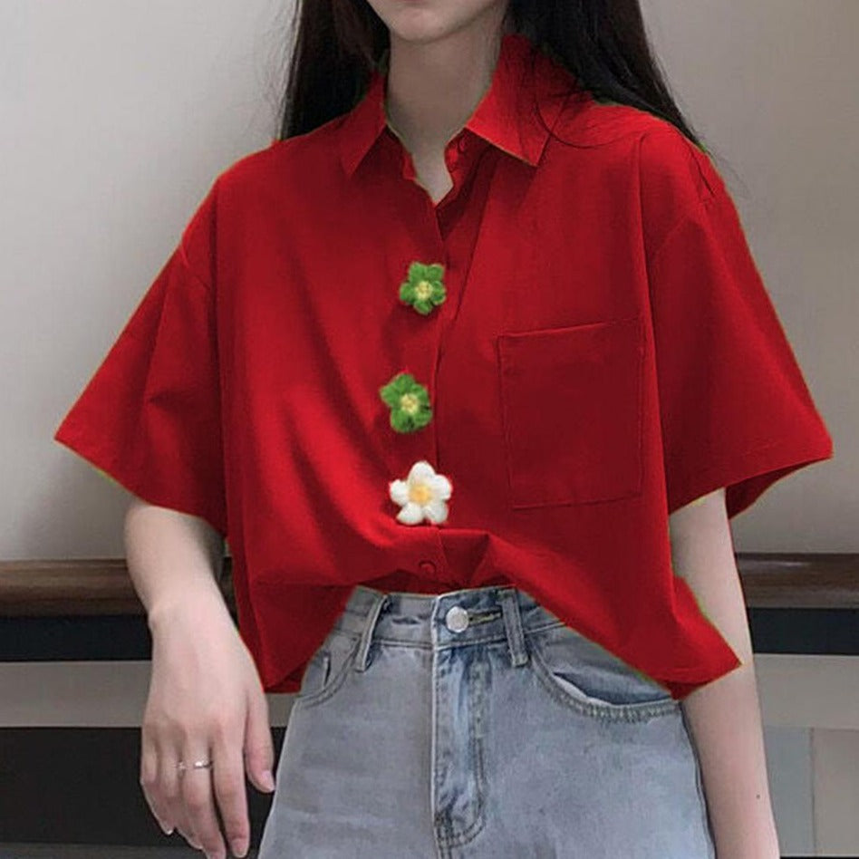 Luźny T-shirt Polo Z Kwiatami
